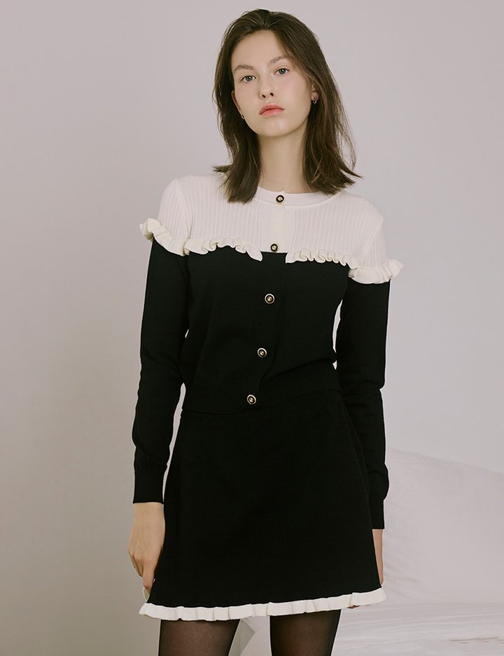 [샤틴] 프릴 배색 니트 투피스 세트 O253T963