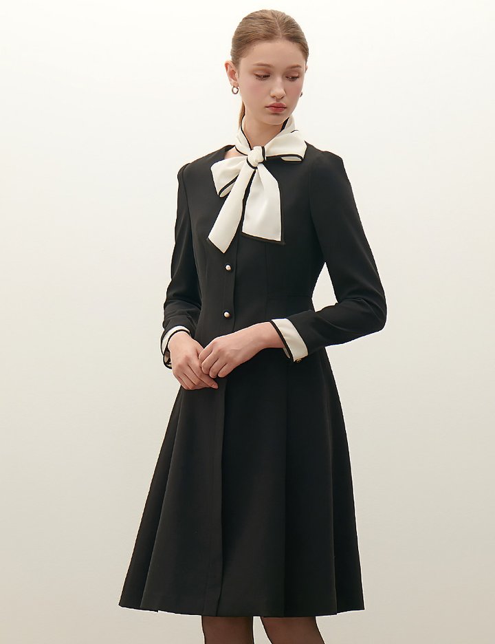 [샤틴] 배색 타이 A라인 원피스 S254B604