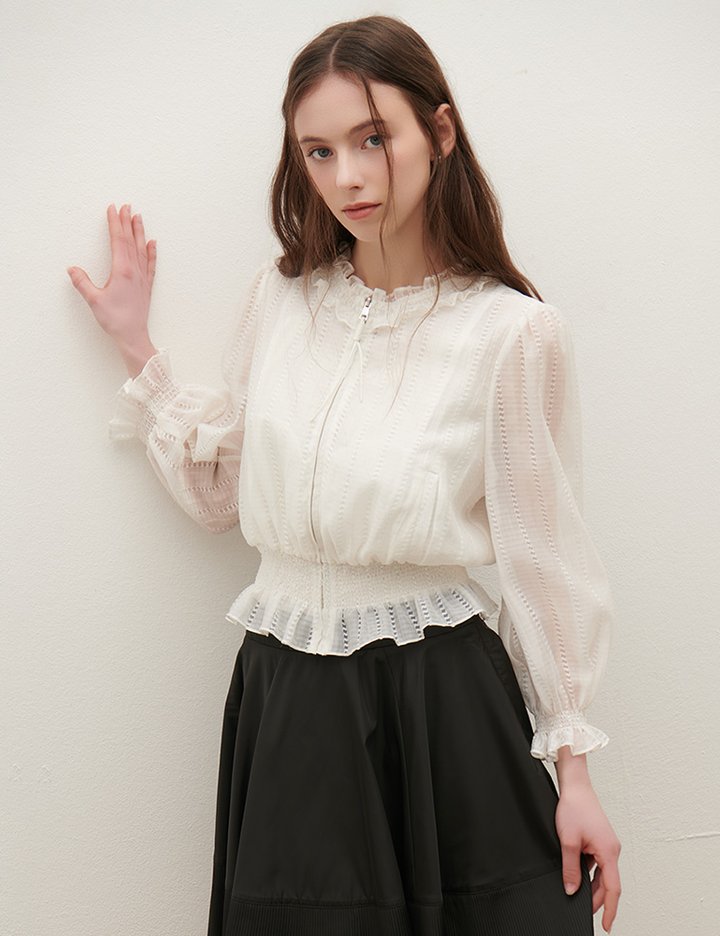 [샤틴] 스모킹 자수 넥 프릴 점퍼 자켓 S252M153_2컬러 (택1)