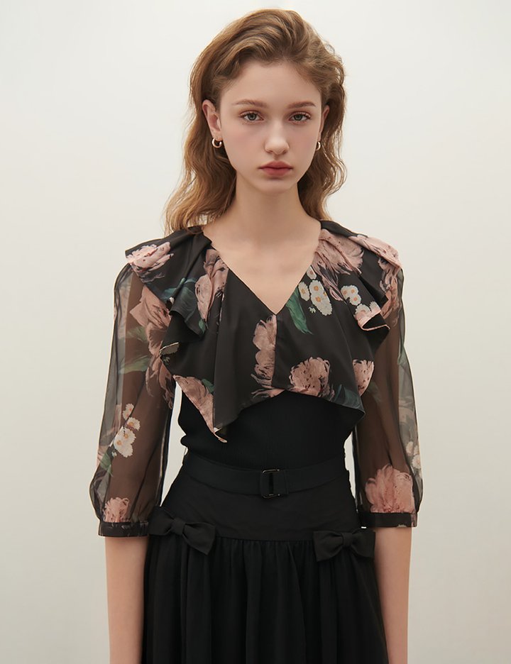 [샤틴] 니트 패치 프린트 블라우스 S253B259_2컬러 (택1)