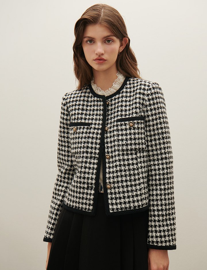 [샤틴] 배색 라운드넥 체크 트위드 자켓 O254T103