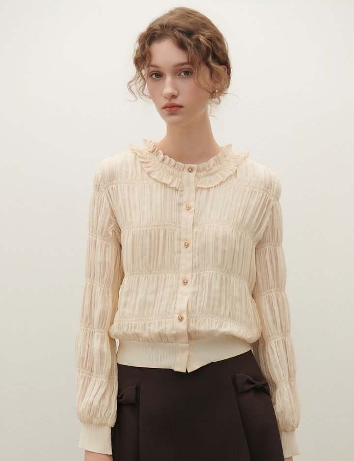 [샤틴] 프릴넥 셔링 시스루 블라우스 S253B262_2컬러 (택1)