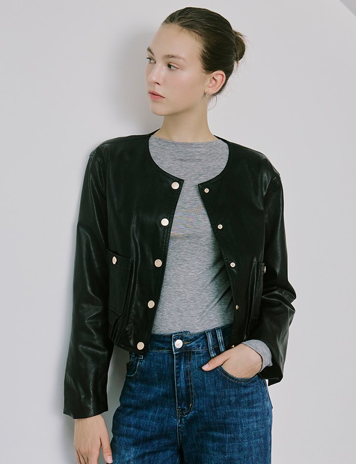 [샤틴] 골드 버튼 페이크 레더 자켓 O253T161