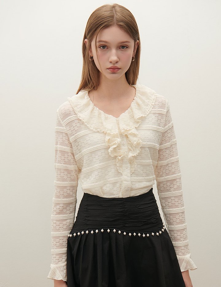 [샤틴] 레이스 러플 디테일 블라우스 O253T271