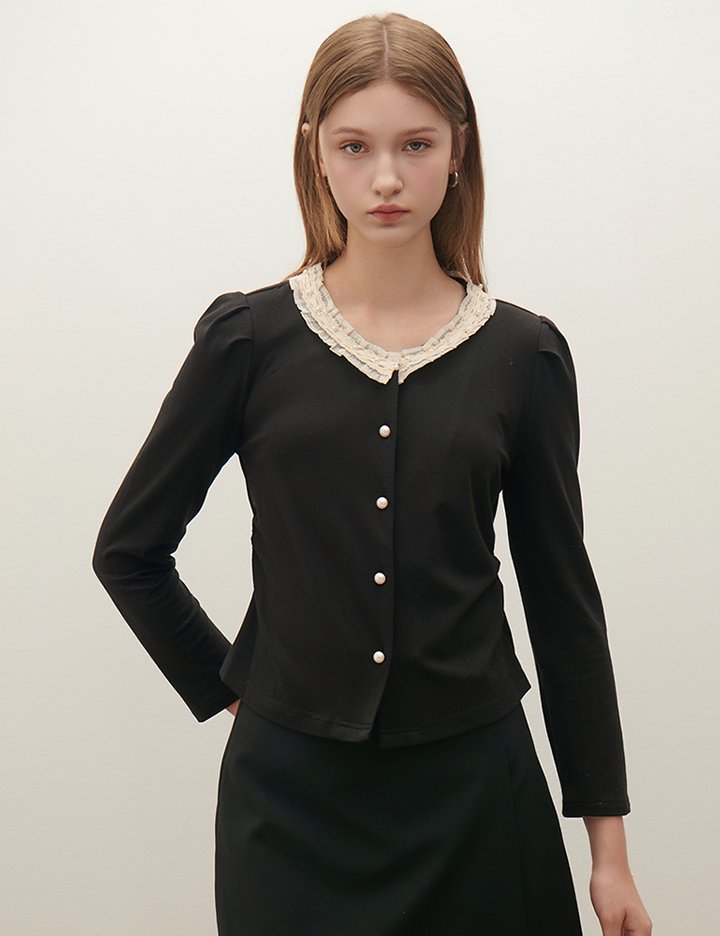 [샤틴] 배색 레이스 카라 진주버튼 가디건 O253T965