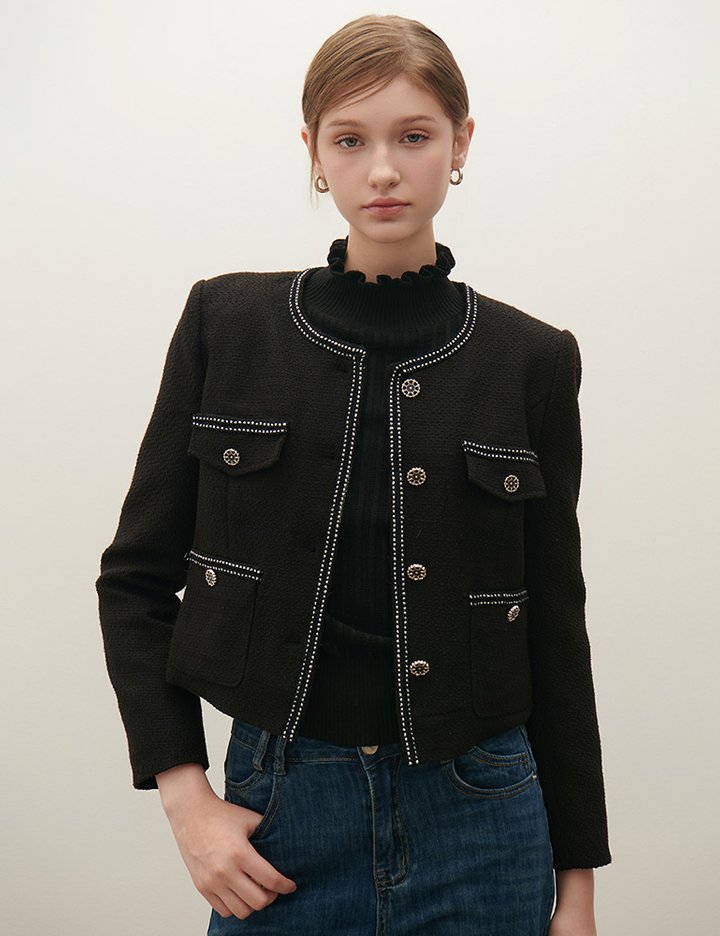 [샤틴] 배색 스티치 트위드 자켓 O253T102