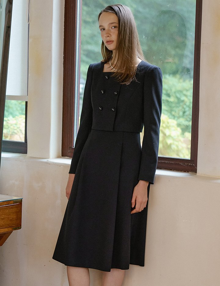 [샤틴] 스퀘어넥 더블 버튼 플레어 원피스 S254T604