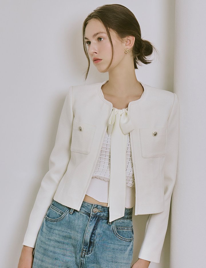 [샤틴] 비즈장식 타이 크롭 트위드 자켓 S254B107