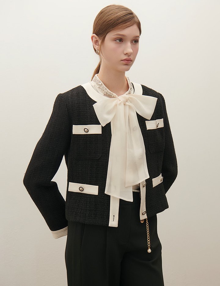 [샤틴] 배색 스티치 콤비 트위드 자켓 S254M103