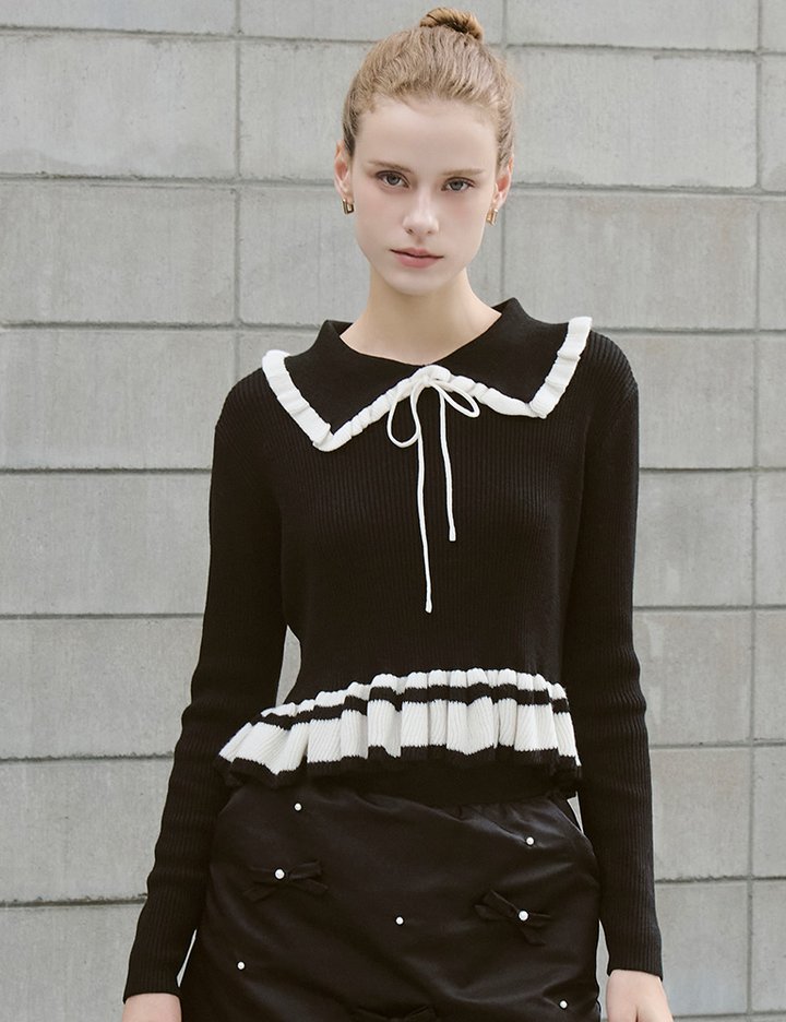 [샤틴] 배색 프릴 포인트 니트 O254T902