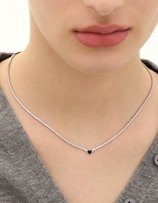 [이에르로르] (컬리단독가) 에센스 실버(W) 테니스 하트 목걸이 오닉스 블랙 (ONYX)