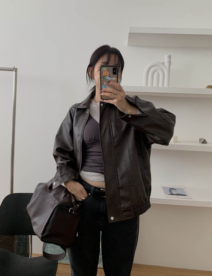 [그노노이] 미니멀 에코레더 블루종 (Brown)