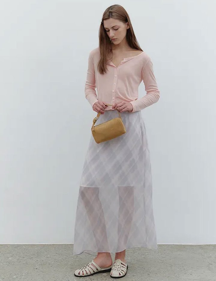 [그노노이] 레이 체크 쉬폰스커트 (Pink)