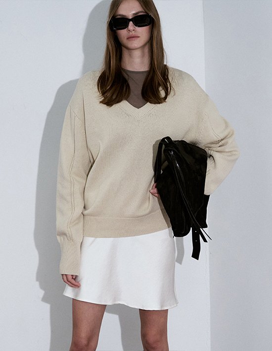 [시그레이트] 브이 넥 코튼 니트 풀오버_오트밀