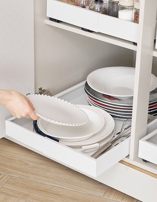 [코드리빙] 주방 싱크대 하부장 무타공 슬라이딩 레일 길이조절 확장형 선반 6종 (택1)