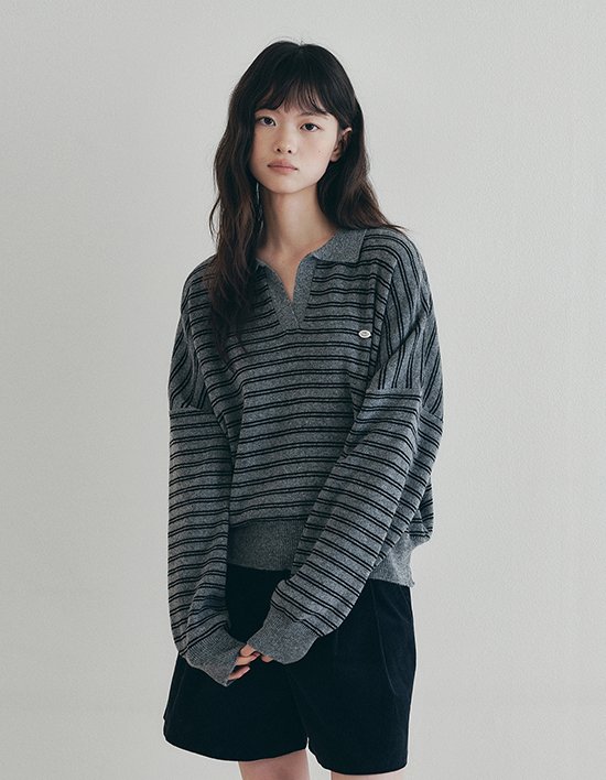 [로에일] 스트라이프 카라 오버핏 니트 - 그레이