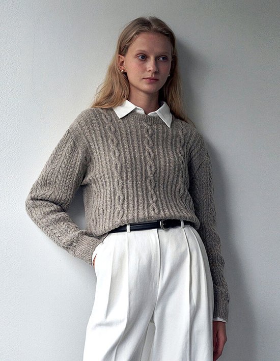 [로에일] 믹스 케이블 라운드 풀오버 - 카키 베이지