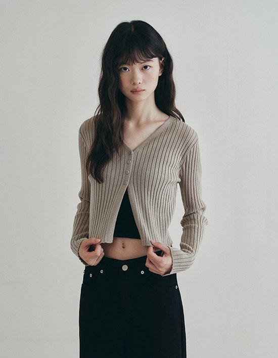 [로에일] 슬림 버튼 골지 니트 가디건 - 베이지