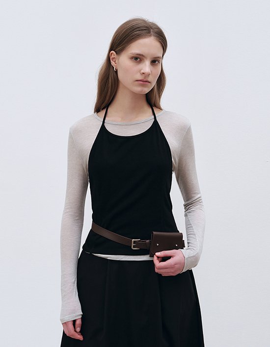 [로에일] 홀터 레이어드 티셔츠 세트 - 멜란지 그레이/블랙