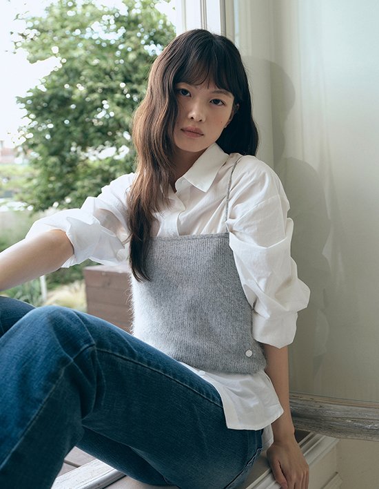 [로에일] 앙고라 레이어드 뷔스티에 니트 탑 - 그레이