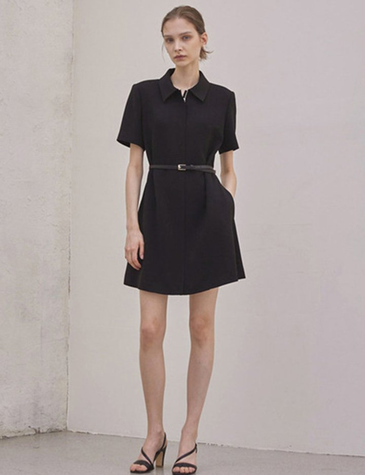 [드팜므] 세미 플레어 집업 미니 원피스 블랙