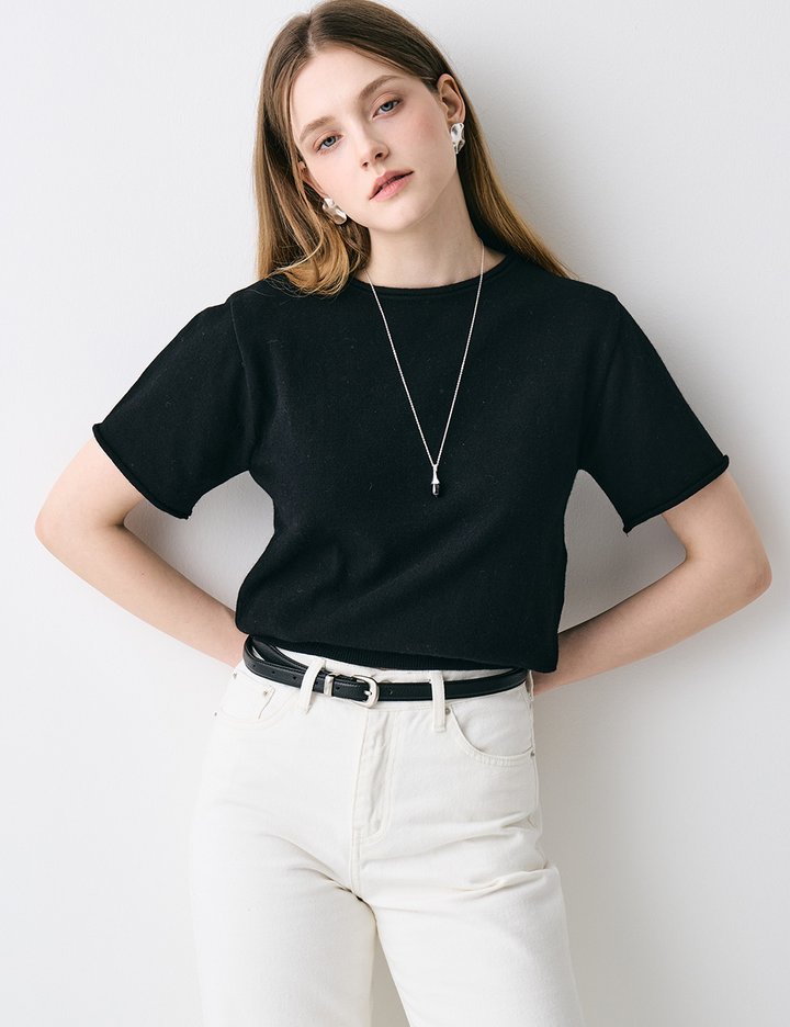 [로르서울]밍크울 라운드넥 롤업 반팔 니트_GIKT250601