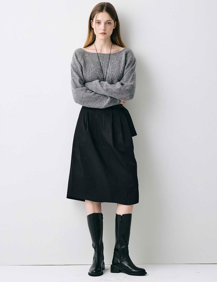 [로르서울]코튼 100 벨티드 셔링 미디 스커트_CBSK250703