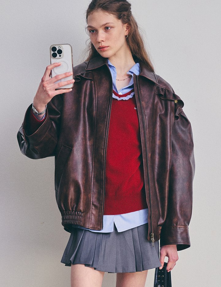 [듀이듀이] 볼륨 레더 재킷_브라운