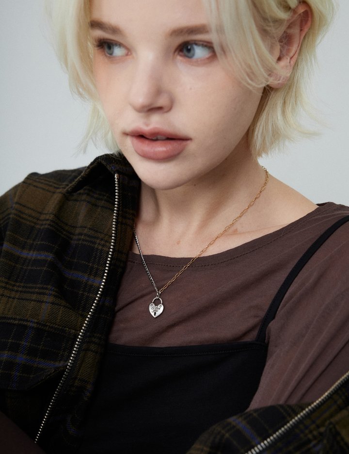 [메리모티브] 하트 자물쇠 팬던트 콤비 체인 목걸이 (단품)