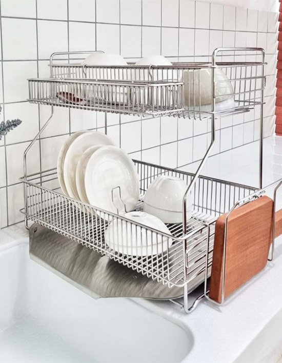 [이브리영] 연마제없는 304 스텐 자동빠짐 2단 식기건조대