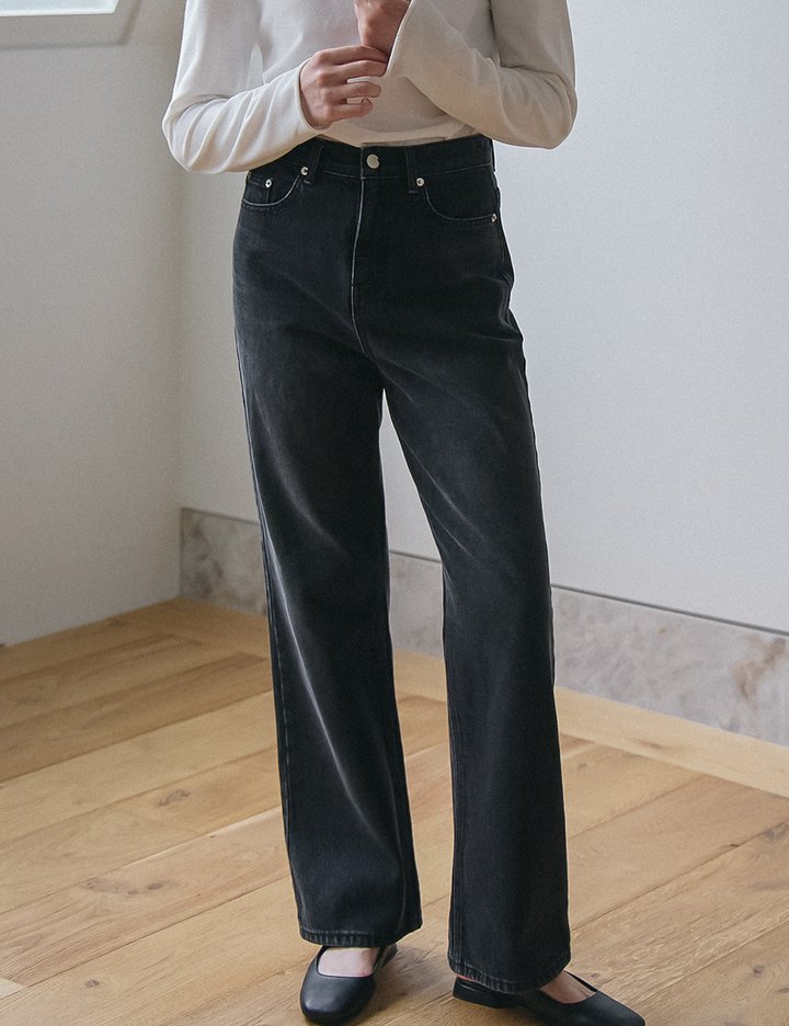 [벰버] 세미 와이드 데님 팬츠_블랙