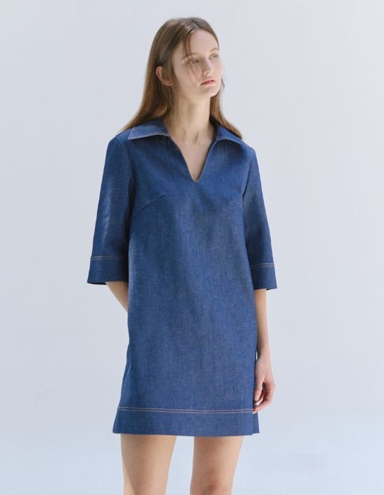 [오쿠카] 스티치 데님 원피스 - 블루 (FREE)