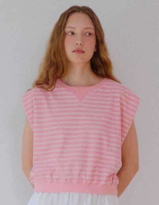 [오쿠카] 스트라이프 테리 스웻 탑 - 핑크 (FREE)