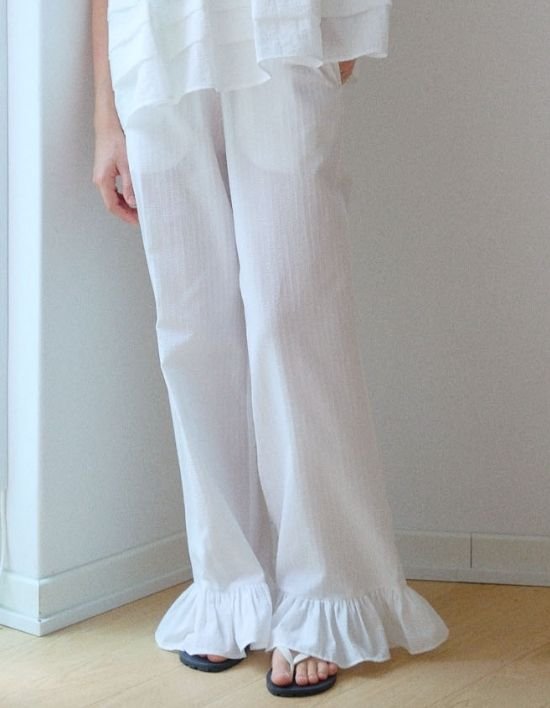 [오쿠카] 썸머 스트링 프릴 팬츠 - 화이트 (FREE)