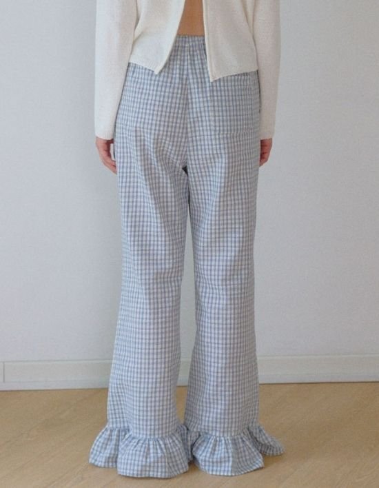 [오쿠카] 썸머 스트링 프릴 팬츠 - 블루체크 (FREE)