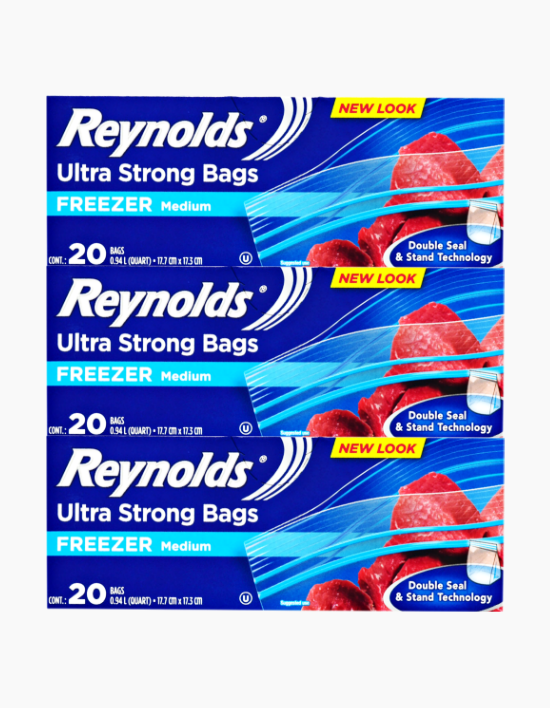 [레이놀즈] 이중잠금 스탠드 냉동중형 지퍼백 (20매*3팩)