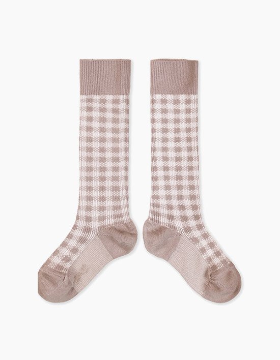 [꼴레지앙] 클로디 체크 반스타킹 무릎 양말 - 로즈