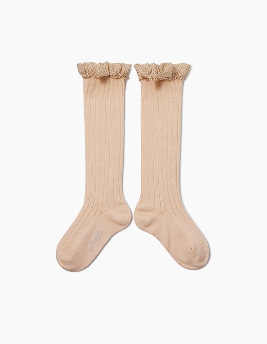 [꼴레지앙] 아폴린 체크 러플 반스타킹 무릎 양말 - 소르베