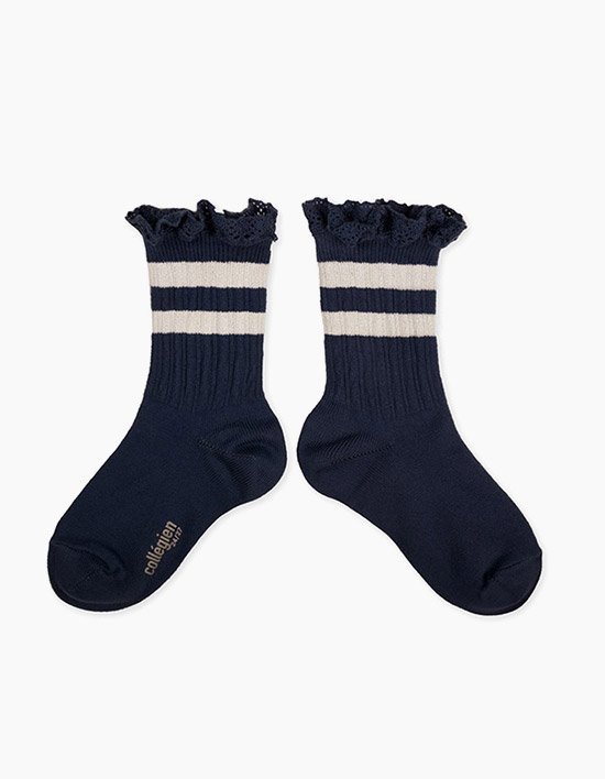 [꼴레지앙] 니콜 스트라이프 레이스 유아동 양말 - 딥네이비