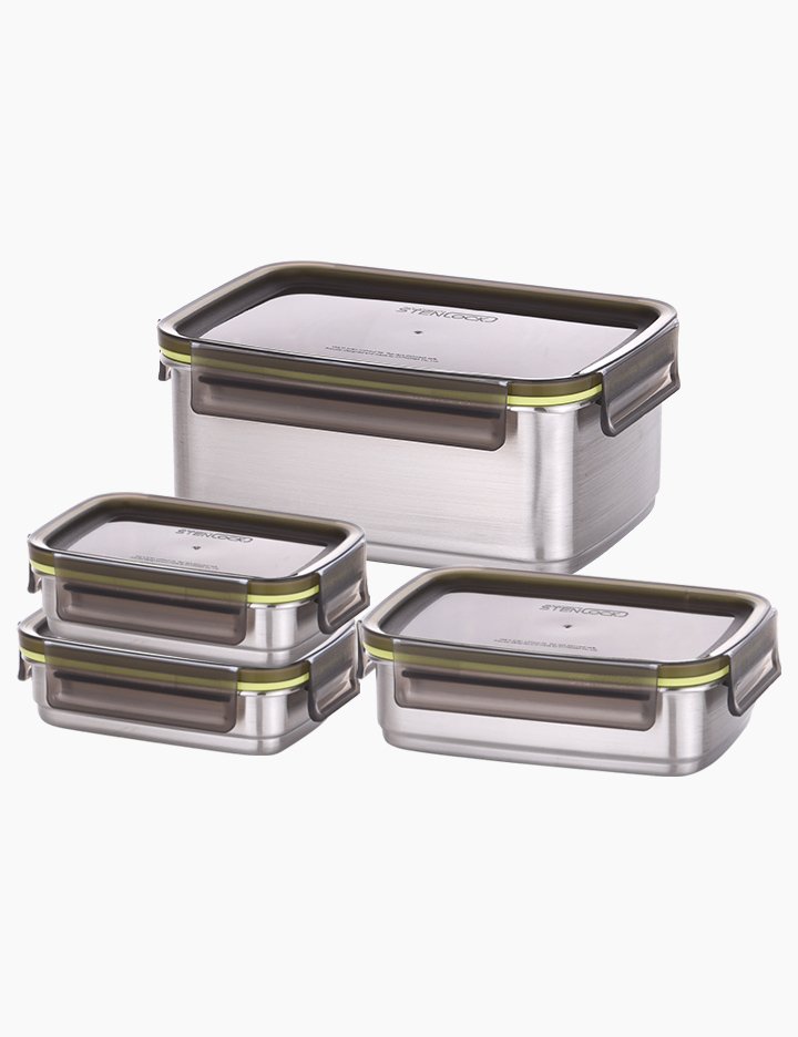 [스텐락] 국산 스텐밀폐용기 슈어 직사각 1인 자취세트 4종(3호2개+4호1개+8호1개)