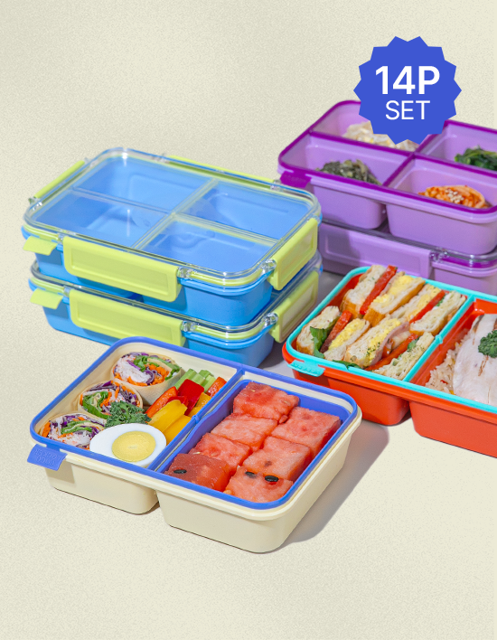 [코코라커] 모든 칸이 섞이지 않는 컬러 반찬통 기획14P (+밀폐쌀통 증정) (2종택1)