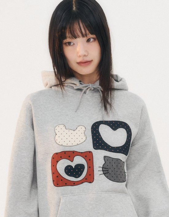 [엠블러] Meow Bear 아플리케 자수 후드 티셔츠 AHP1207 멜란지 (택1)