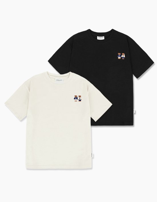 [엠블러] (패키지세트/1+1) Twinlook bear 자수 반팔 티셔츠 AS902