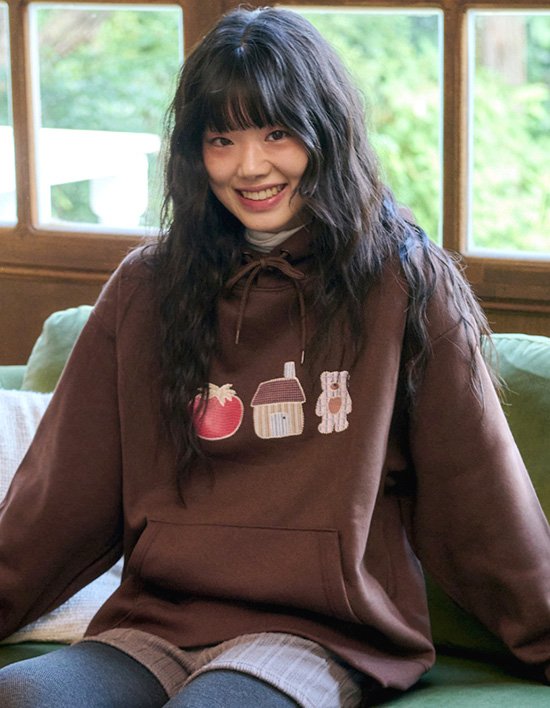 [엠블러] Tomato Bear 아플리케 자수 후드 티셔츠 AHP1213 브라운 (택1)
