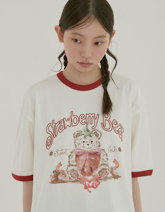 [엠블러] Strawberry Bear 그래픽 링거 반팔티셔츠 AS1213 아이보리(택1)