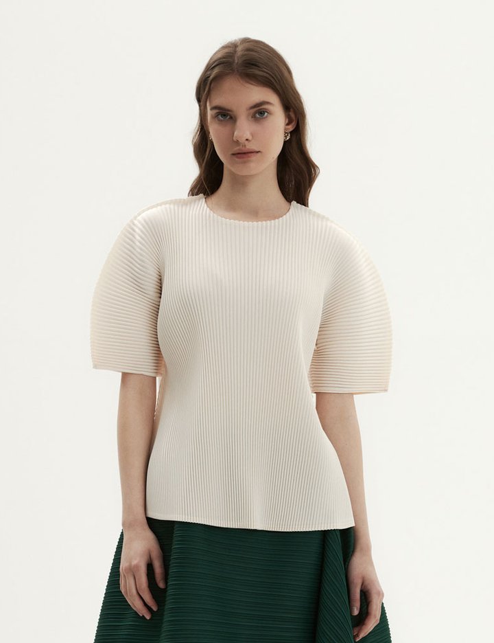 [몽플리쎄] 여성 볼륨 플레어 플리츠 탑 (아이보리)