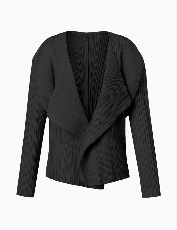 [몽플리쎄] 여성 경량 숄 카라 긴소매 플리츠 숏 가디건 (블랙)