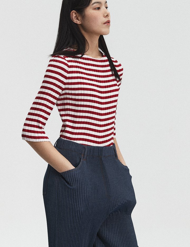 [몽플리쎄] 여성 라운드넥 5부 소매 스트라이프 티셔츠 (레드)