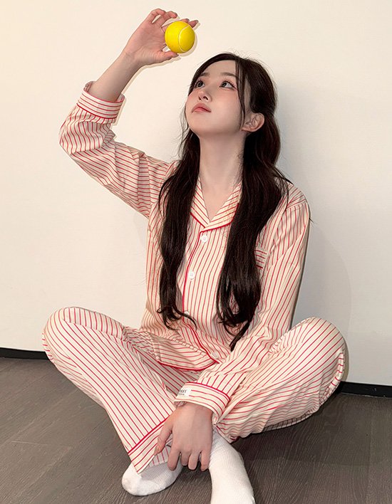 [도씨] (해원' Pick)실크핏 러브썸 긴팔 커플 잠옷 세트