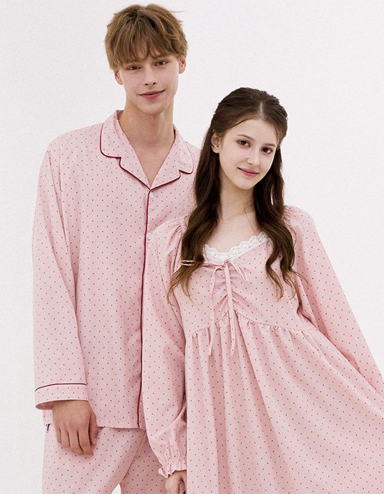 [도씨] 2PACK/실크핏 리틀도트 긴팔 잠옷 원피스